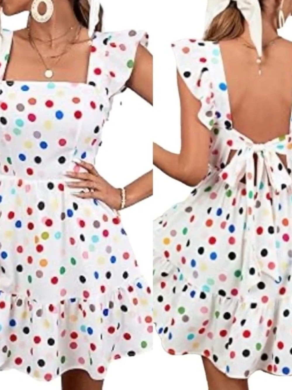 SHEIN White Polka Dot Backless Sundress with Multicolor Dots